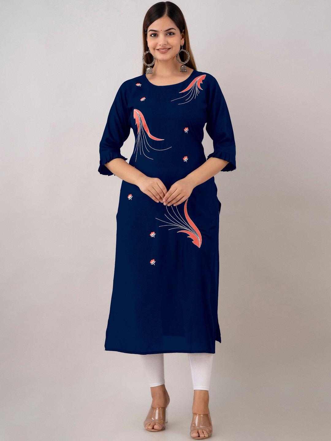 

zeenat libas Floral Embroidered Round Neck Three-Quarter Sleeves Straight Kurta, Navy blue