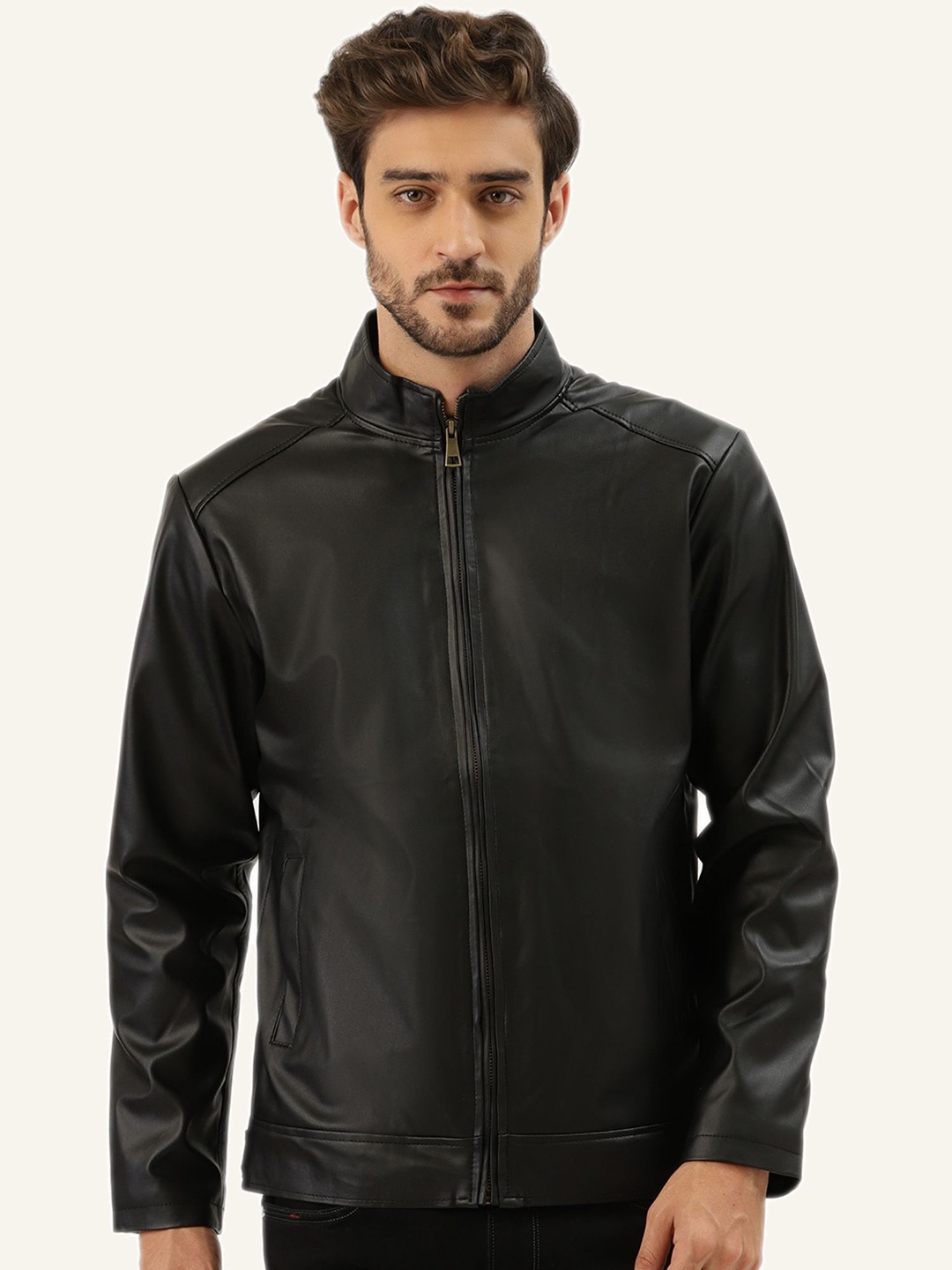 

Leather Retail Men Mandarin Collar Solid Casual Biker Jacket, Black