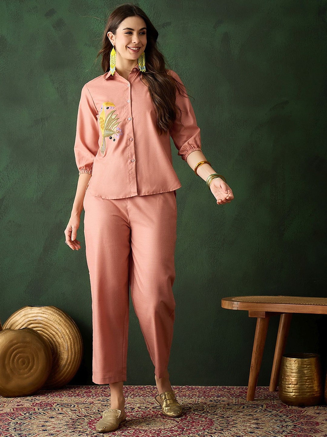 

Sangria Embroidered Pure Cotton Shirt With Trouser Co-Ords, Beige