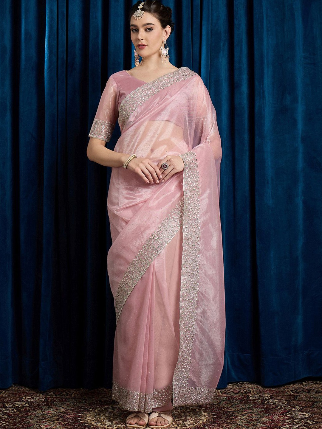 

Anouk Pink Embellished Beads and Stones Net Saree With Blouse Piece