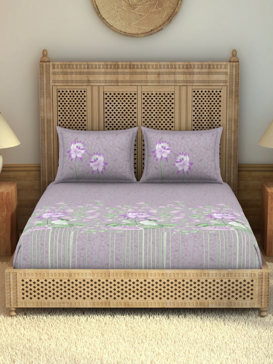 

SPACES Pink & Grey Floral Pure Cotton 210 TC King Bedsheet Set 2.74 m x 2.74 m