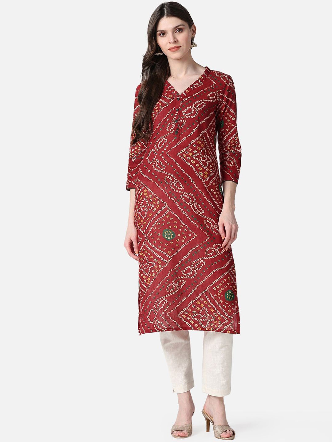 

AHIKA Bandhani Printed V-Neck Straight Kurta, Red