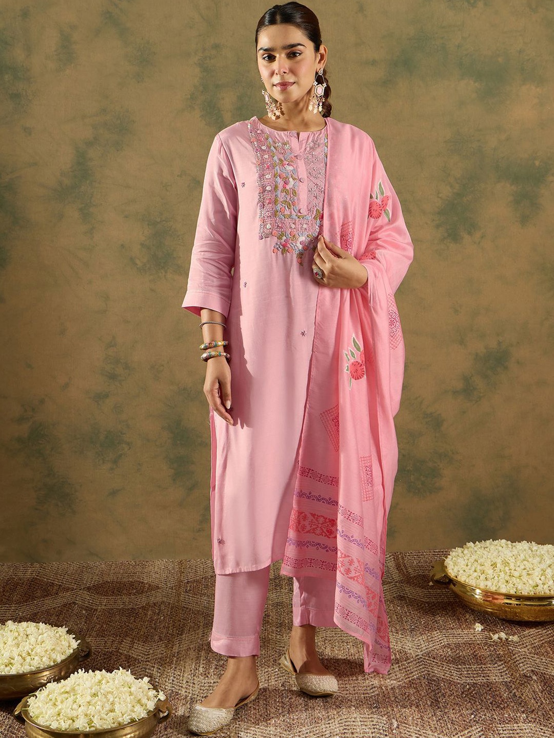 

Indo Era Floral Embroidered Thread Work Straight Kurta with Trouser & Dupatta, Pink