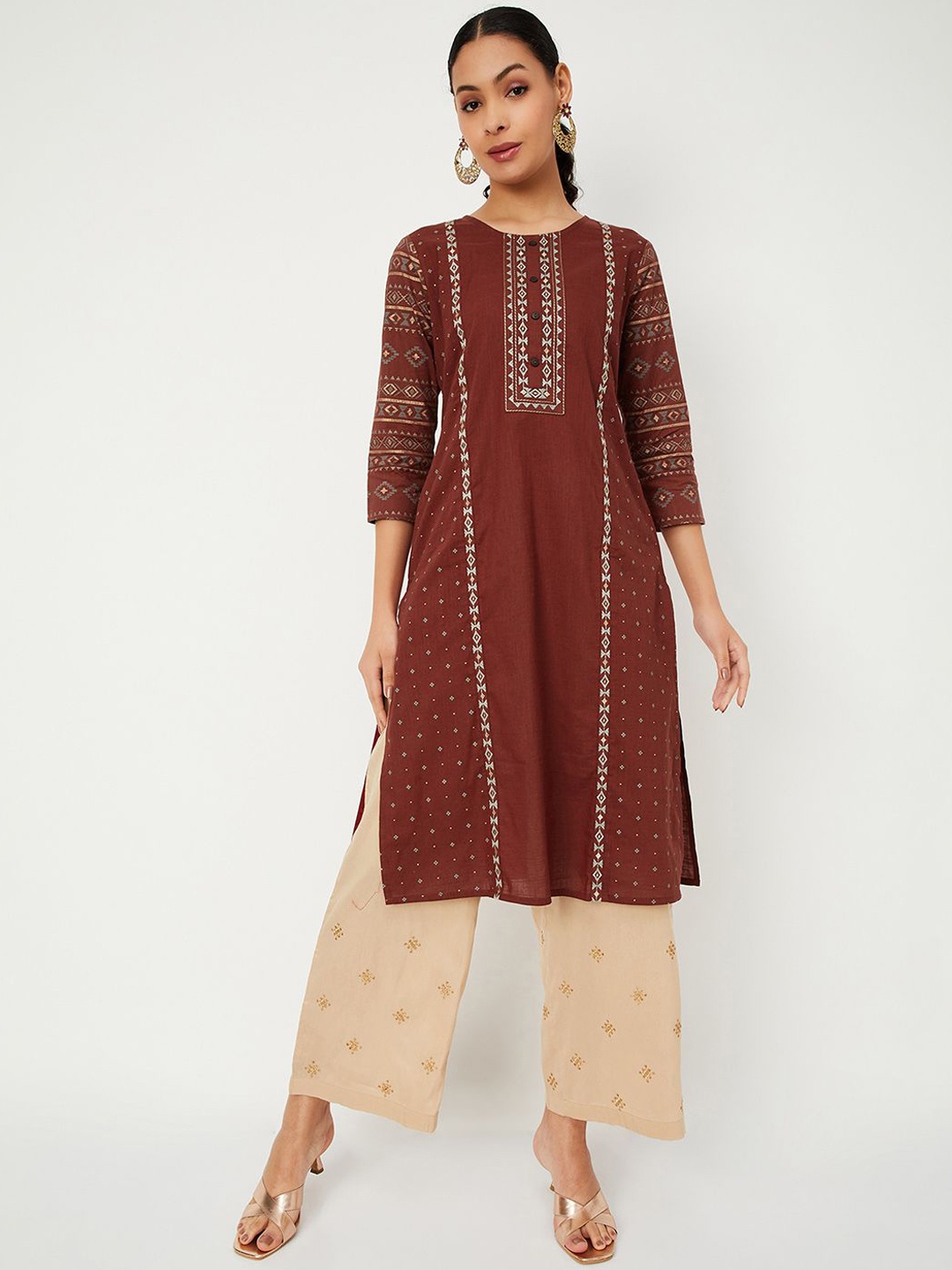 

max Geometric Yoke Design Thread Work Cotton A Line Kurta, Brown