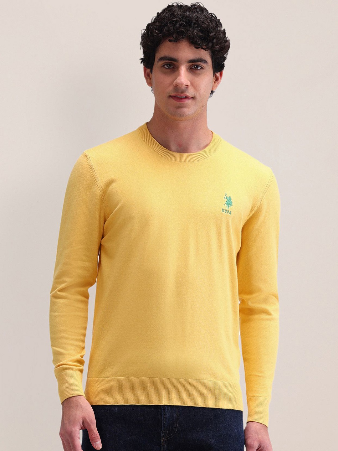 

U.S. Polo Assn. Men Cotton Long Sleeves Round Neck Pullover, Yellow