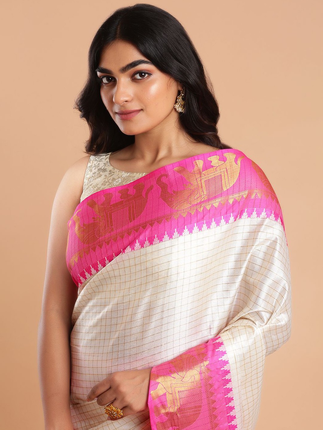 

Kalyan Silks Checked Zari Kanjeevaram Saree, Off white