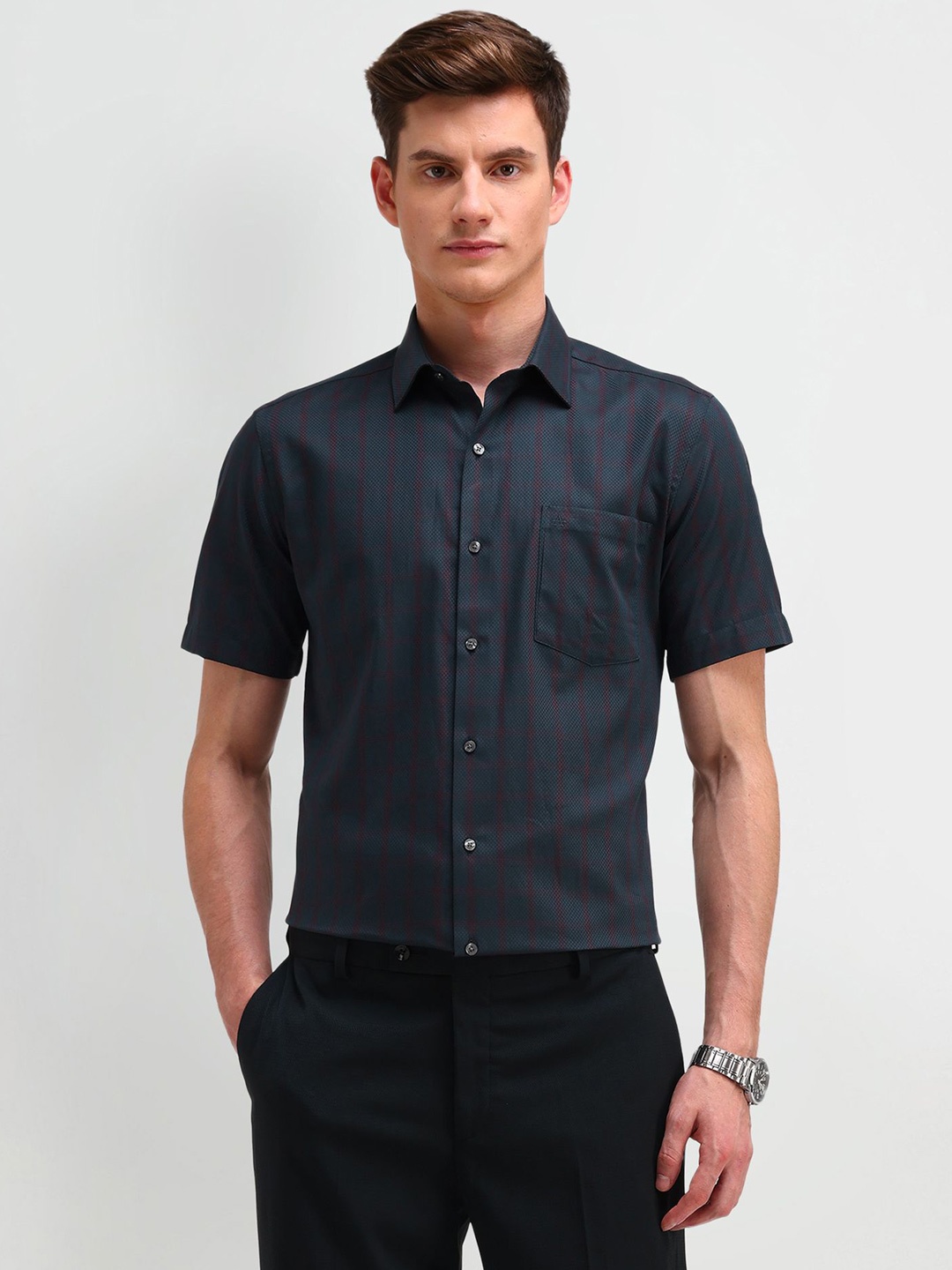 

Arrow Men Classic Spread Collar Micro Checked Cotton Casual Shirt, Charcoal
