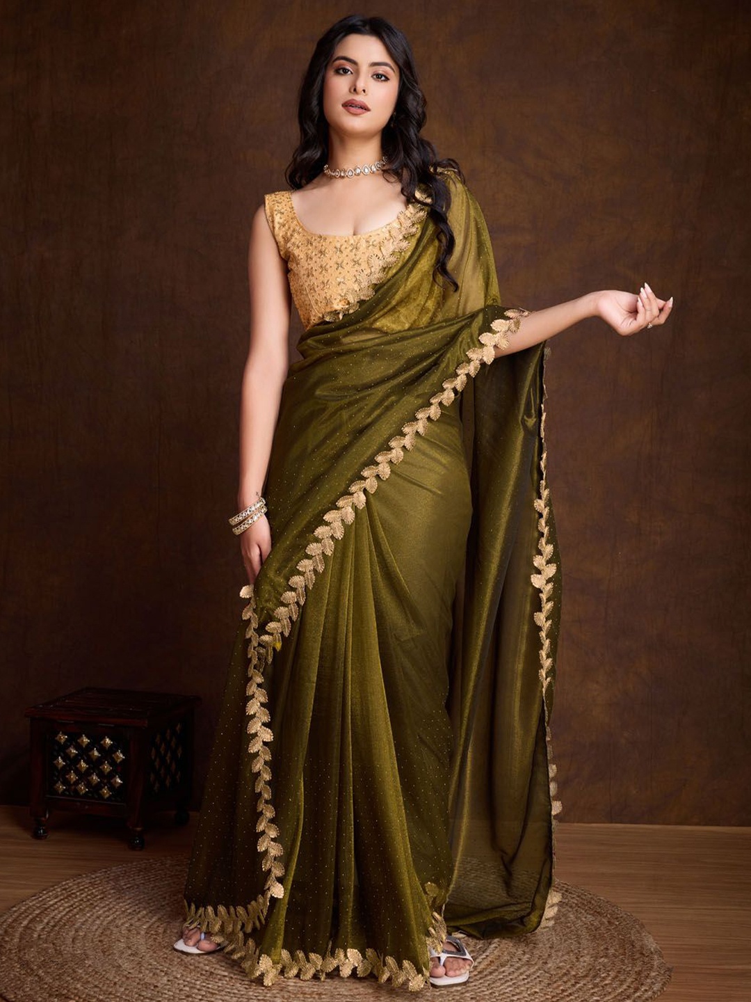 

Meena Bazaar Plain Embellished Border Design Art Silk Saree, Green