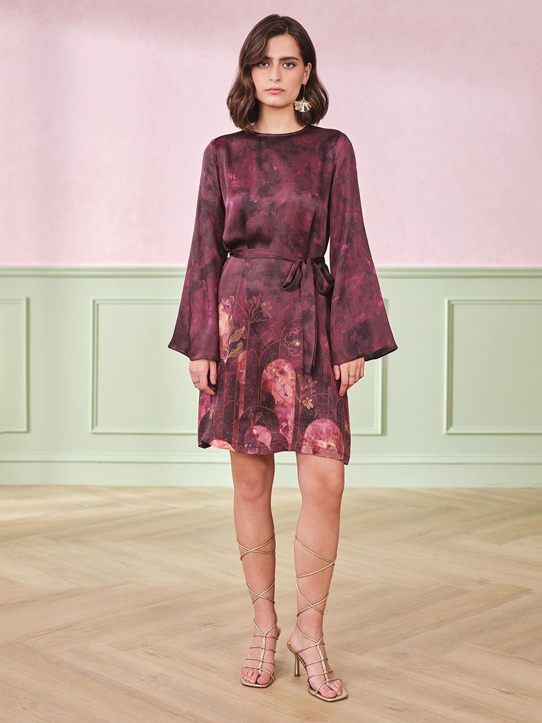 

AND Women Abstract Printed Flared Sleeves A-Line Dress, Purple