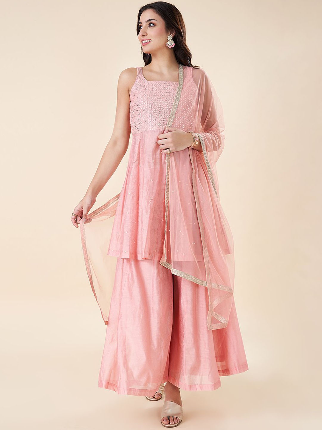 

RANGMANCH BY PANTALOONS Floral Mirror Work Pure Cotton Kurta With Palazzos & Dupatta, Peach