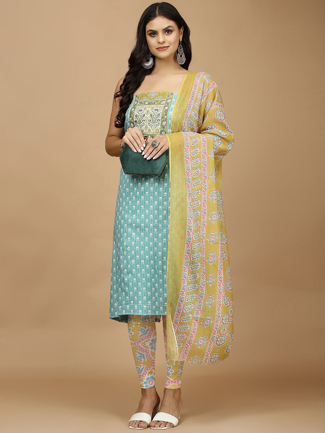 

Meena Bazaar Geometric Printed Mirror Work Unstitched Dress Material, Sea green