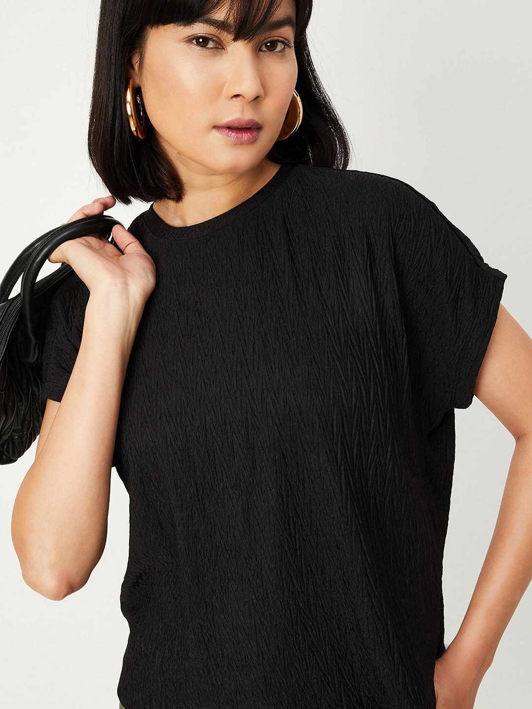 

max Abstract Cotton Extended Sleeves Round Neck Top, Black