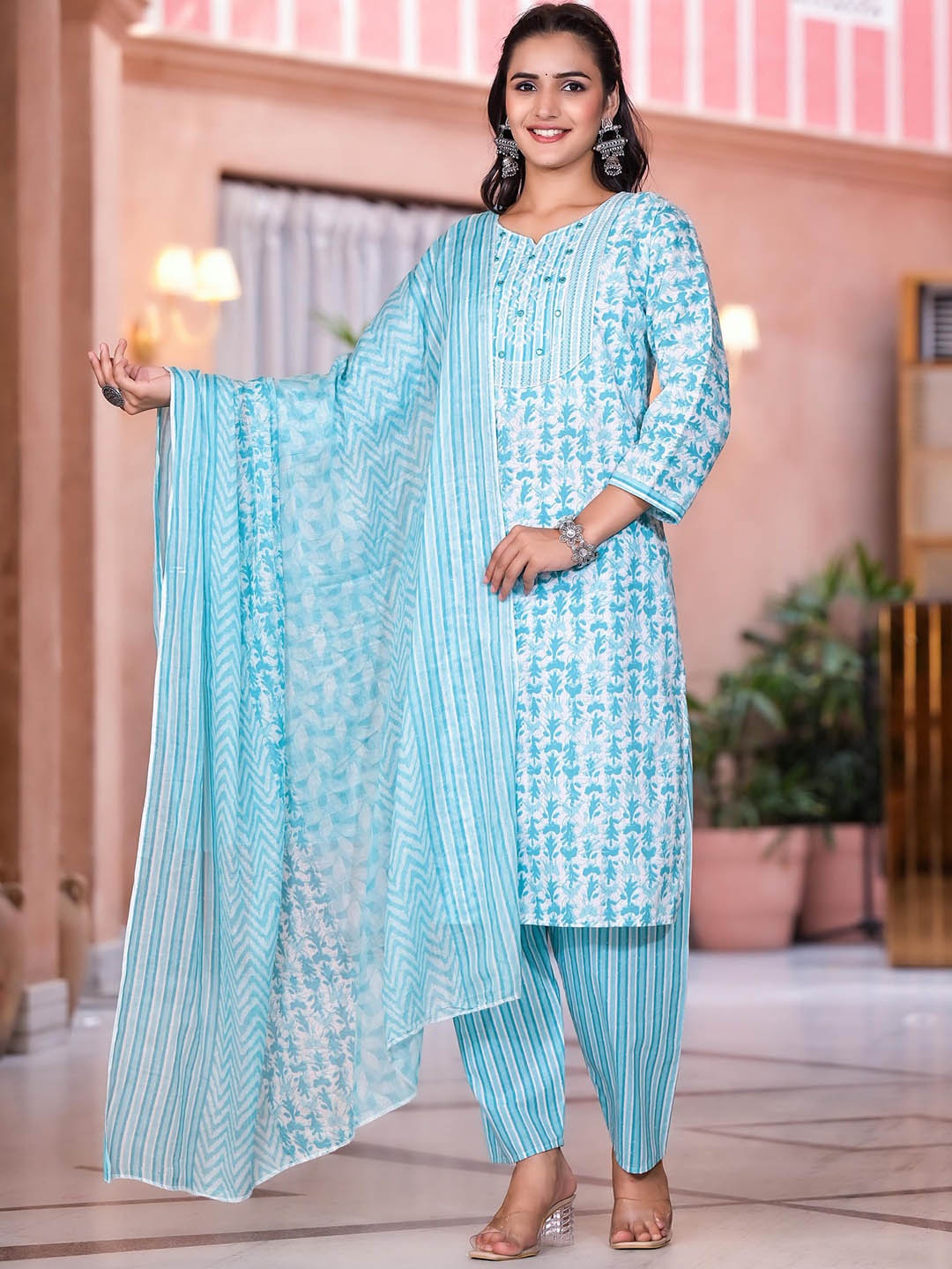 

Juniper Floral Printed Notch Neck Pure Cotton Straight Kurta With Trousers & Dupatta, Green