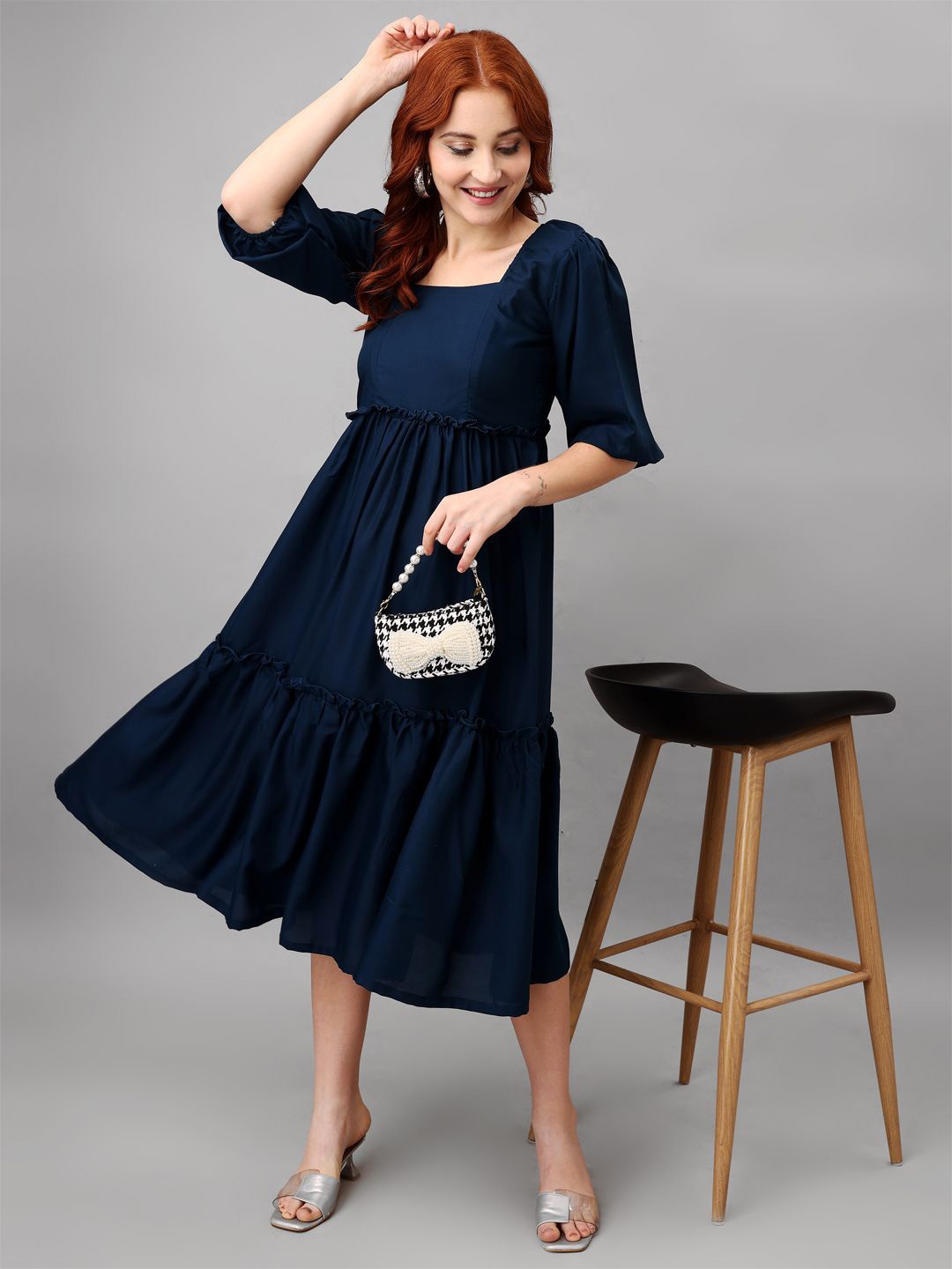 

Raiyani Enterprise Women Crepe Fit & Flare Tiered Midi Dress, Blue