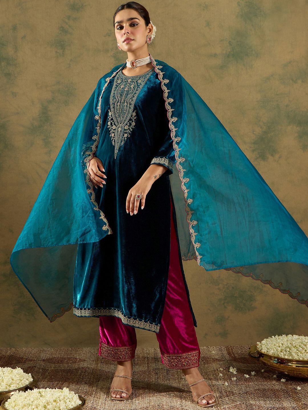 

Indo Era Ethnic Motifs Embroidered Regular Velvet Straight Kurta with Trousers & Dupatta, Blue