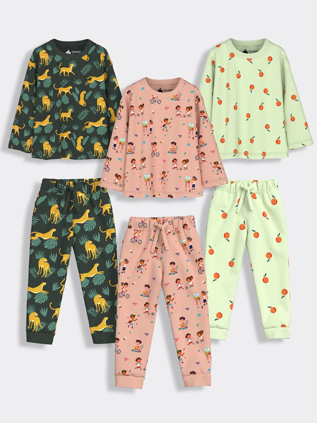 

Orange Sugar Kids Pack of 3 Garden, Orange Bliss & Cheetah Printed Pure Cotton Night suits, Olive