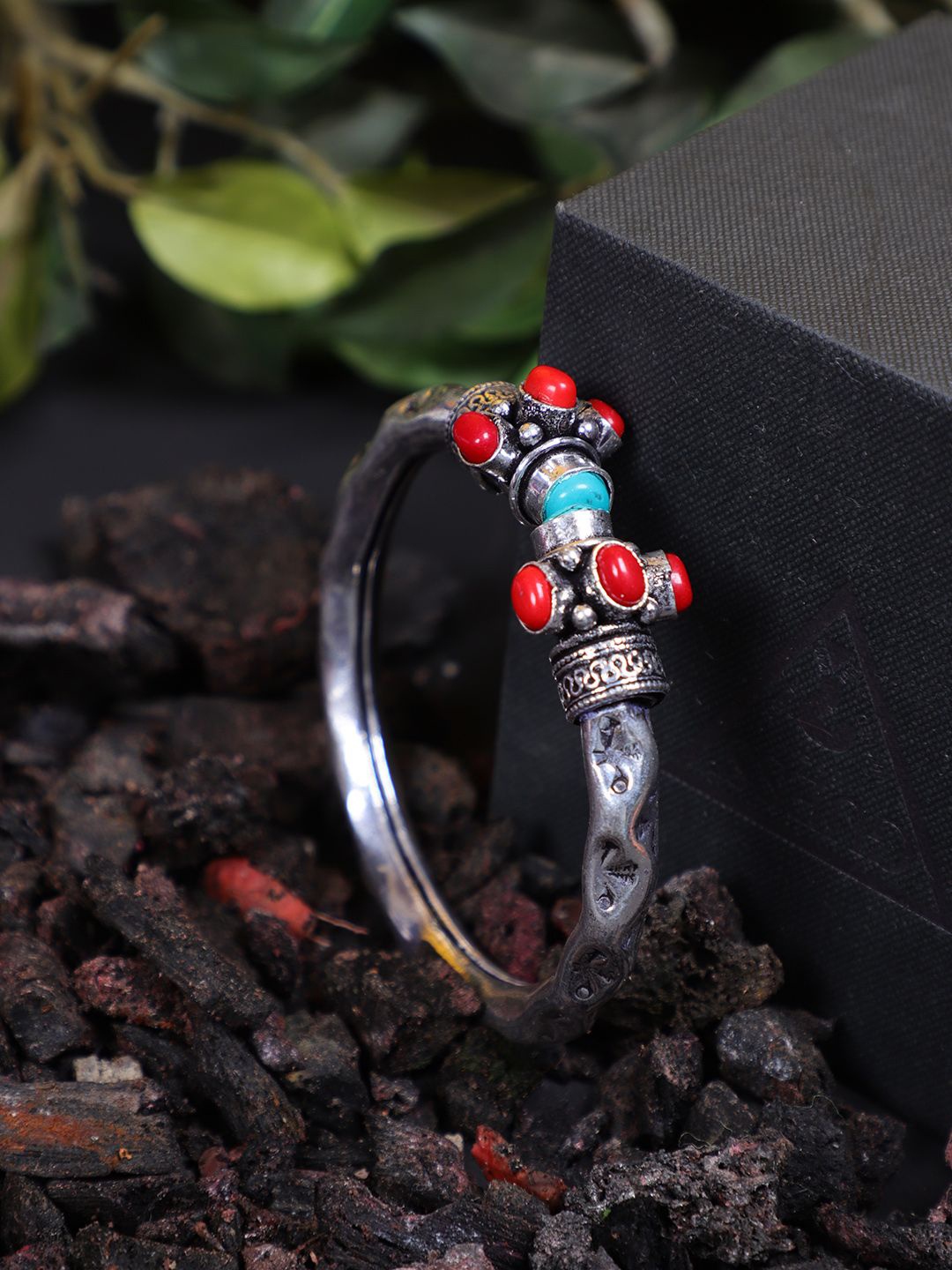 

FIROZA Silver-Plated Turquoise Stones-Studded Bangle