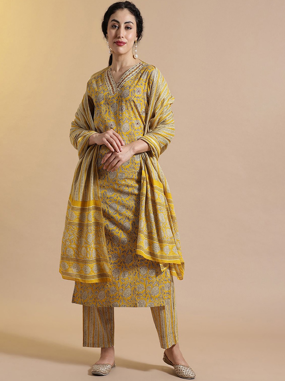 

Anouk Floral Printed Thread Work Pure Cotton Kurta with Trouser & Dupatta, Yellow