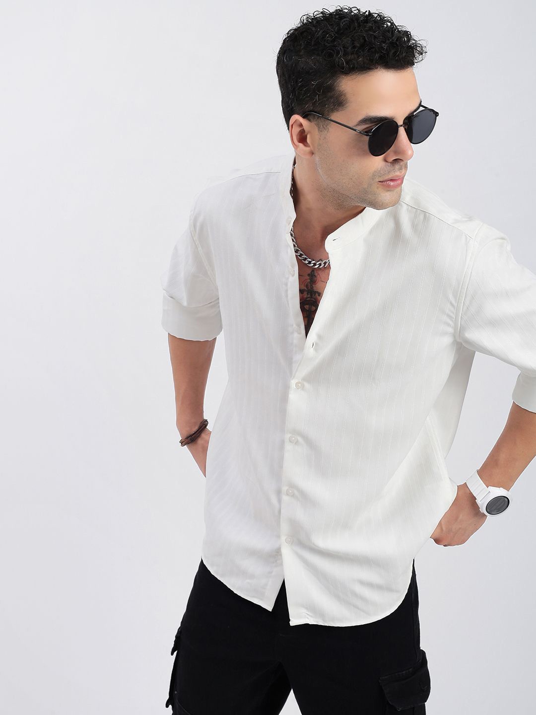 

SHOWOFF Men Standard Band Collar Textured Cotton Casual Shirt, White