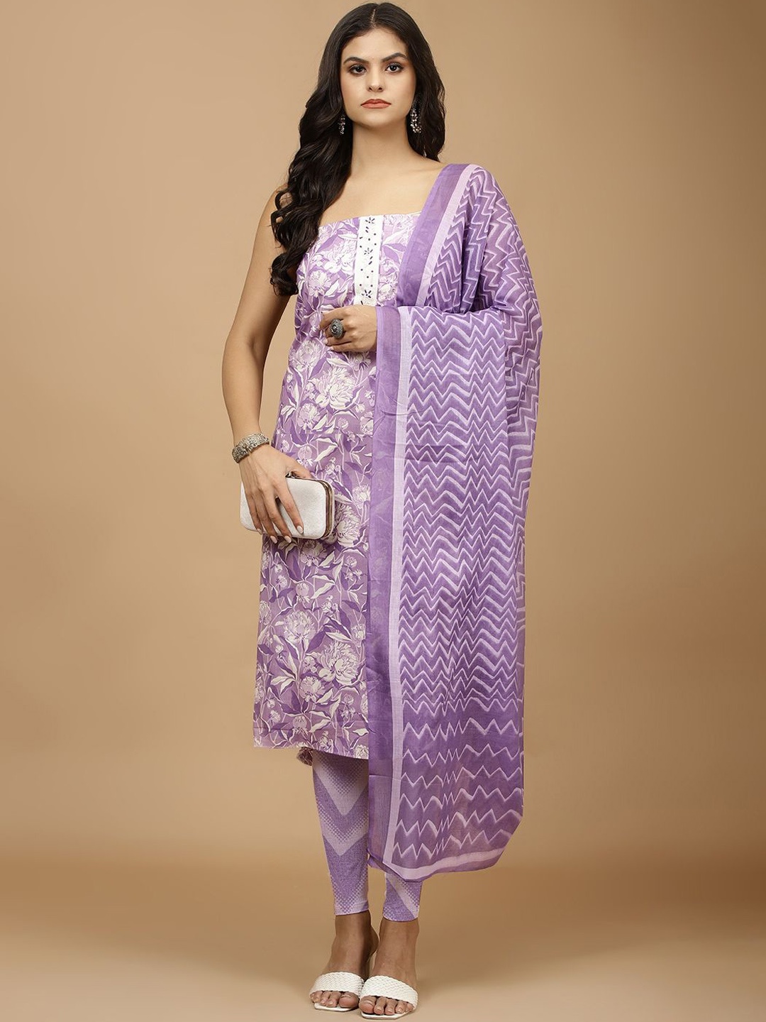 

Meena Bazaar Floral Printed Beads and Stones Unstitched Dress Material, Purple