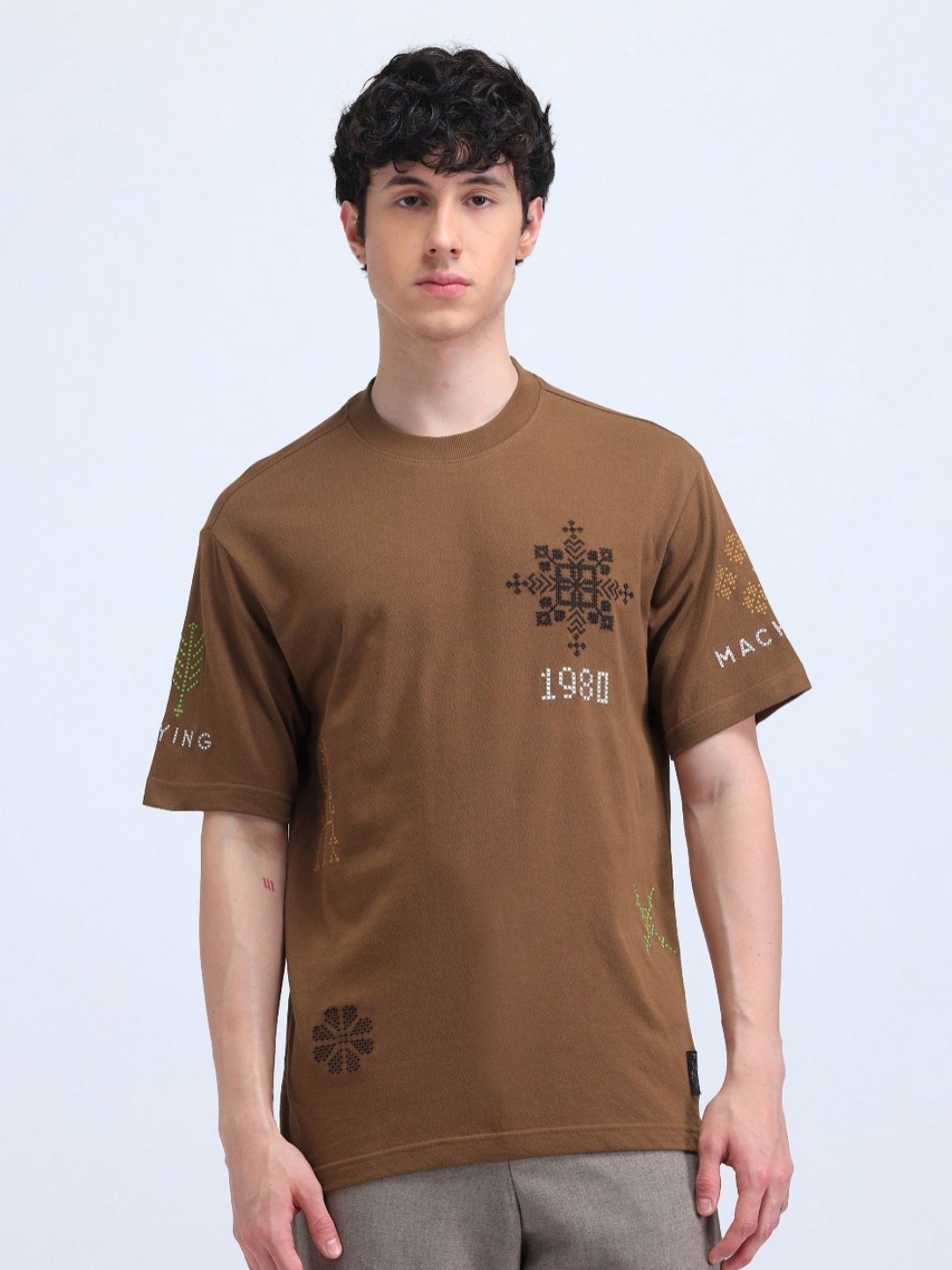 

Flying Machine Men Abstract Printed Round Neck Cotton Relaxed Fit T-shirt, Brown