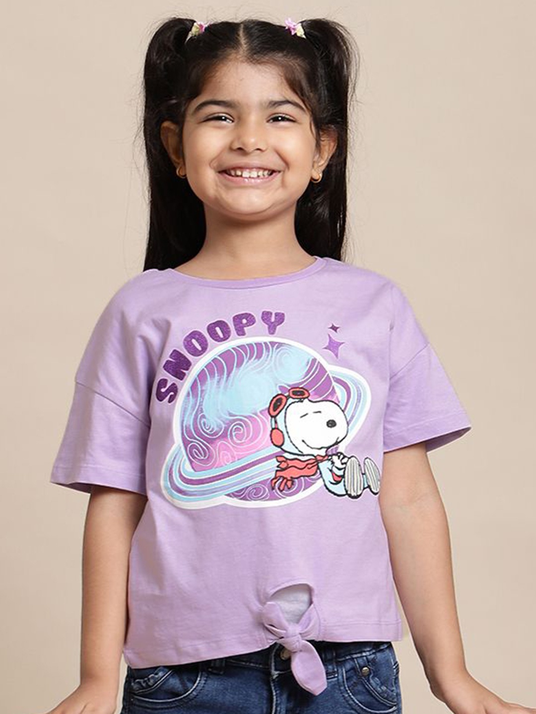 

Kids Ville Girls Snoopy Graphic Printed Round Neck Cotton Relaxed Fit T-shirt, Purple