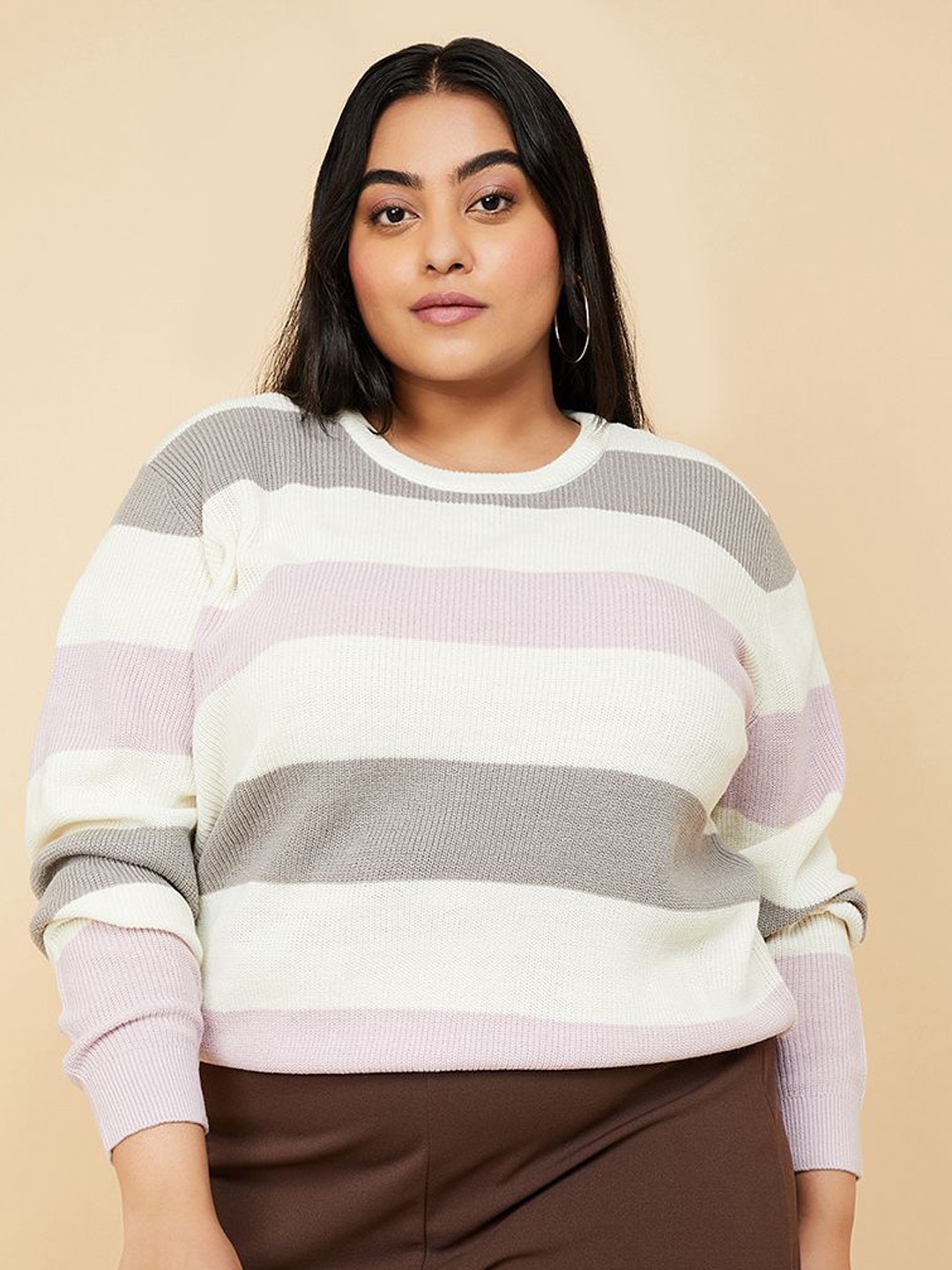 

max Women Acrylic Striped Round Neck Full Sleeves Pullover Sweaters, Purple