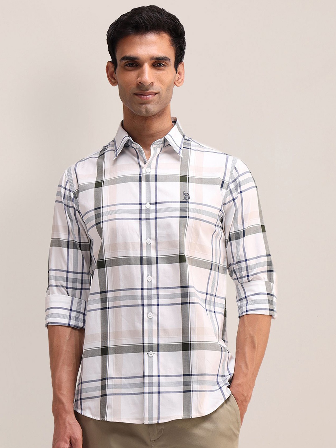 

U.S. Polo Assn. Men Classic Spread Collar Checks Printed Cotton Casual Shirt, White