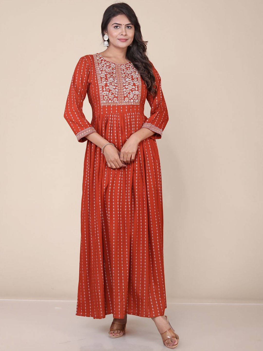 

HERE&NOW Women Floral Embroidered Gown Ethnic Dress, Rust