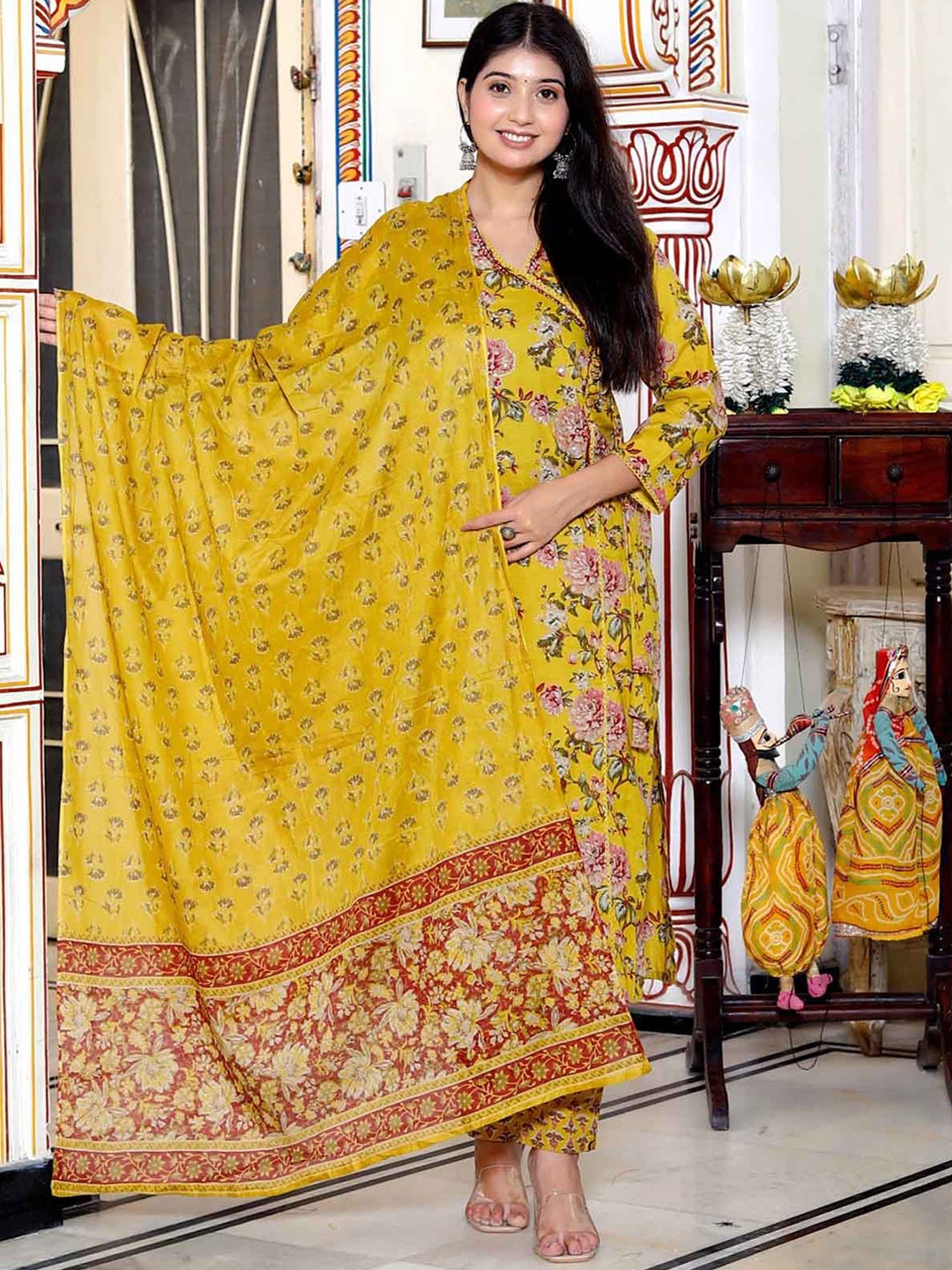 

KALINI Floral Printed Angrakha Sequinned Pure Cotton Kurta with Trouser & Dupatta, Mustard