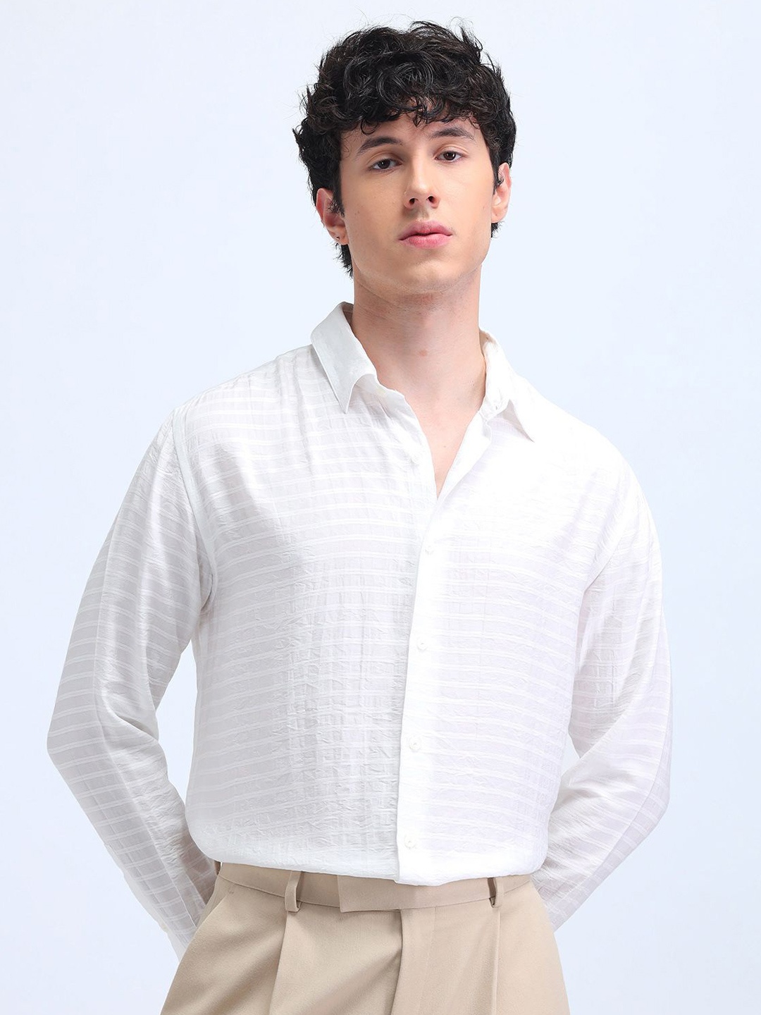 

Flying Machine Men Classic Spread Collar Textured Casual Shirt, White