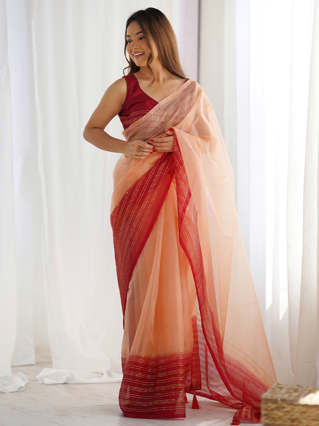 

CANIZZARO Ethnic Motifs Zari Organza Heavy Work Khadi Saree, Peach