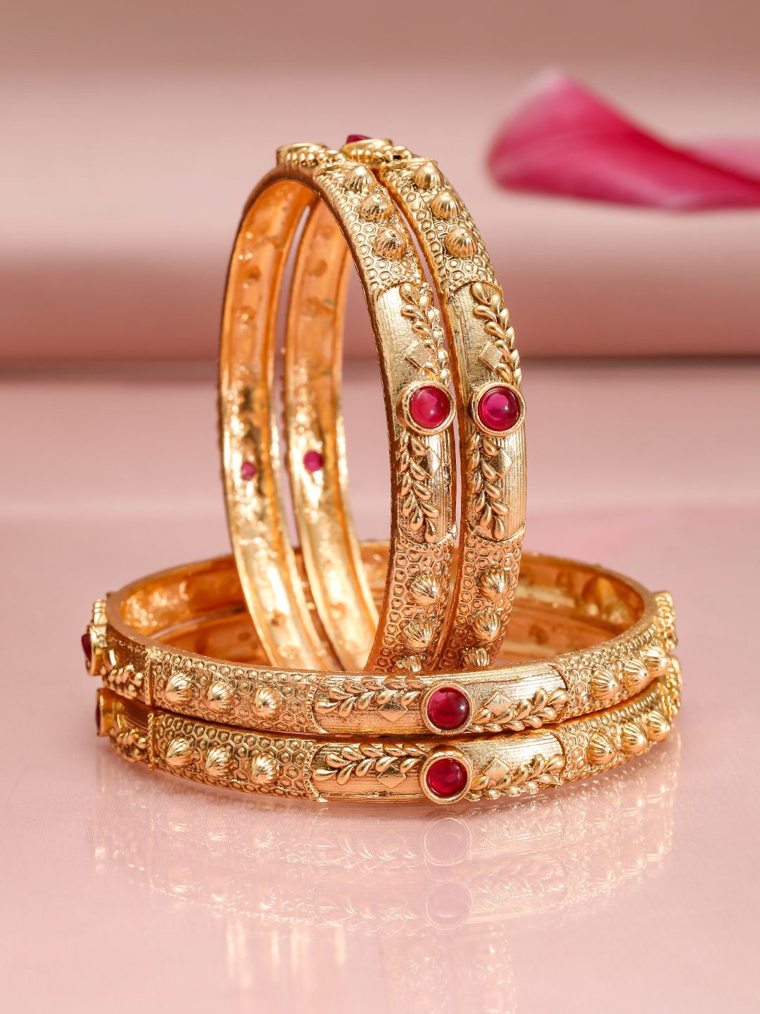 

Rubans Set of 4, 18K Gold-Plated Ruby Red Stone Studded Traditional Bangles