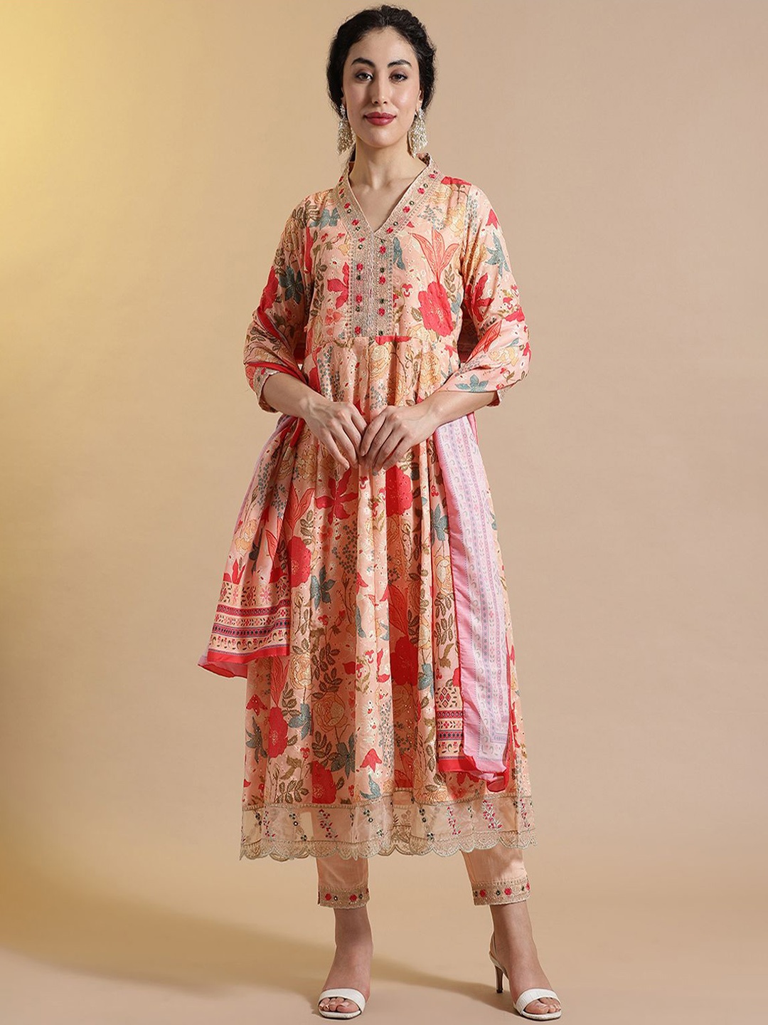 

Anouk Floral Embroidered Thread Work Pure Cotton Anarkali Kurta with Trousers & Dupatta, Peach