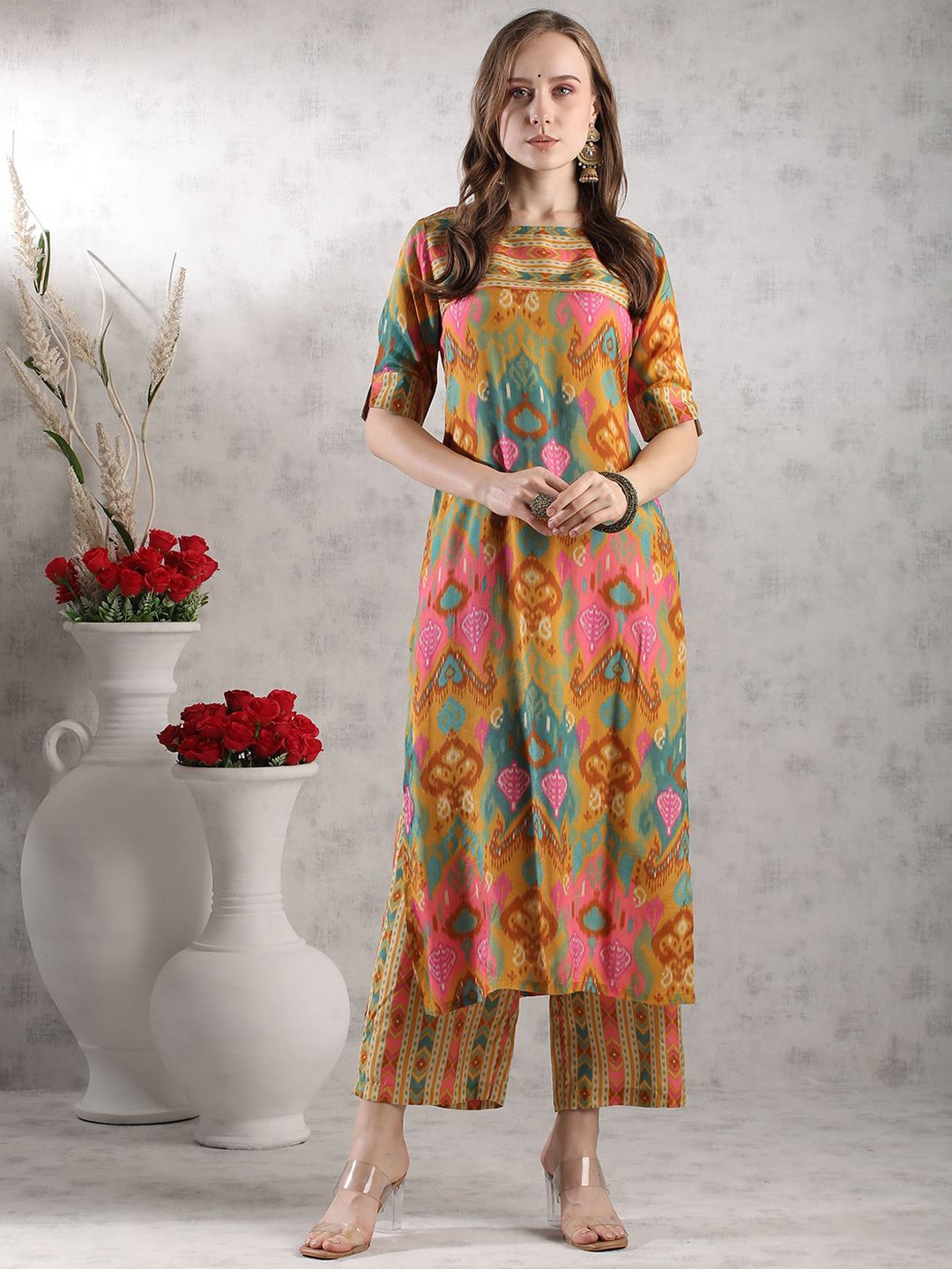 

Anni Designer Ethnic Motifs Printed Straight Kurta With Palazzo, Mustard