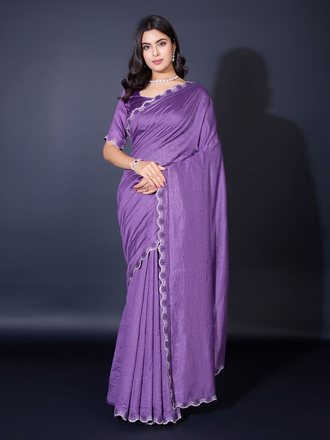 

Meena Bazaar Solid Beads and Stones Saree, Purple