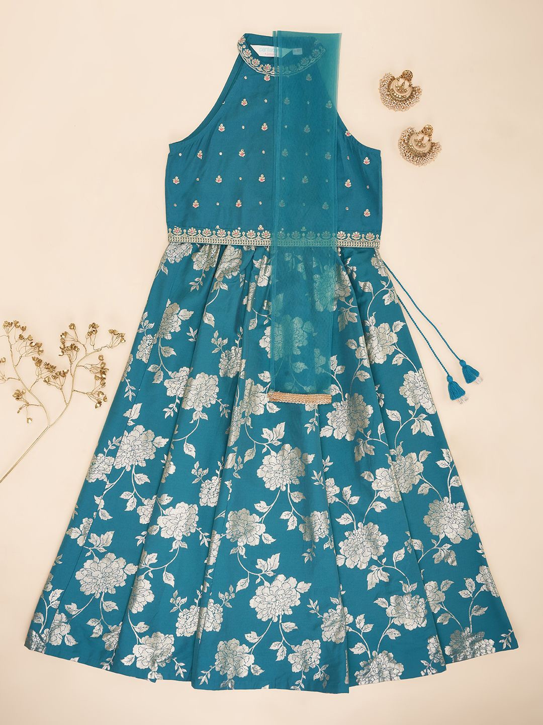 

AKKRITI BY PANTALOONS Girls Ready to Wear Lehenga & Blouse Net, Teal