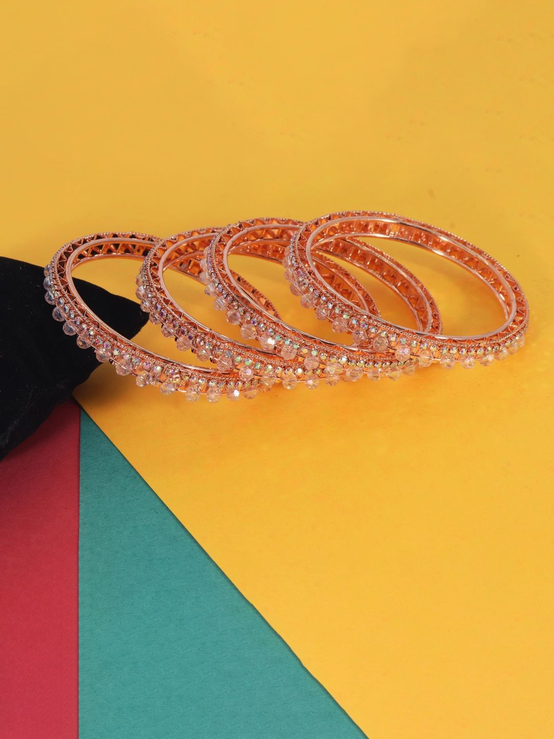 

ZULKA Set of 4 Rose Gold-Plated American Diamond Stone-Studded Bangles