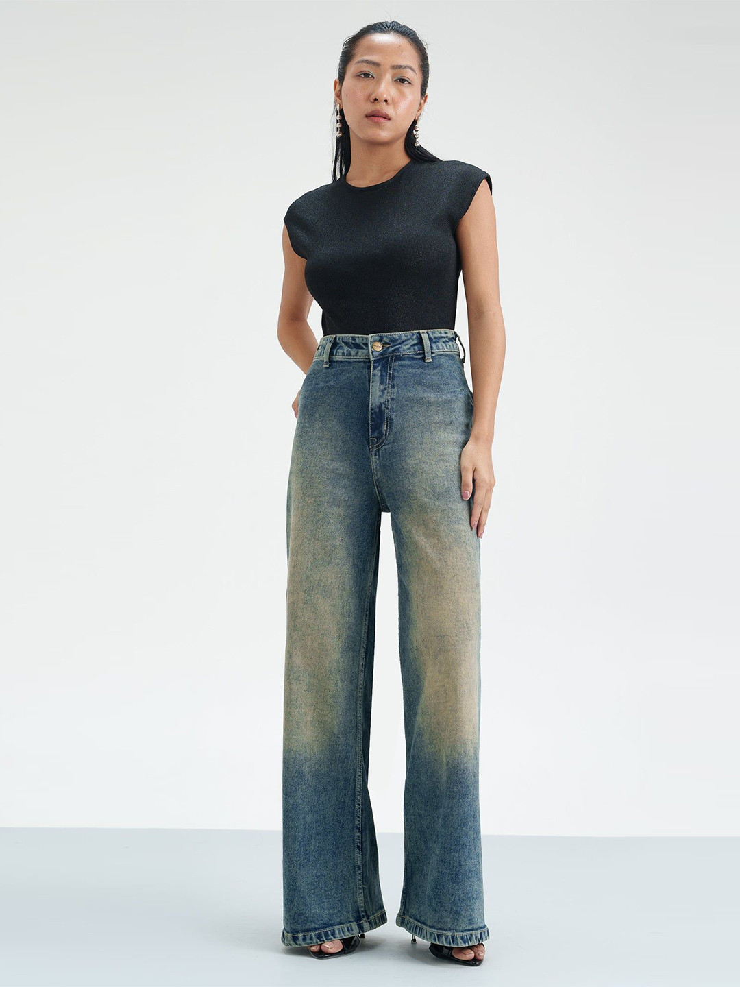 

FREAKINS Women Cotton Loose Flared High-Rise Heavy Fade Stretchable Jeans, Blue