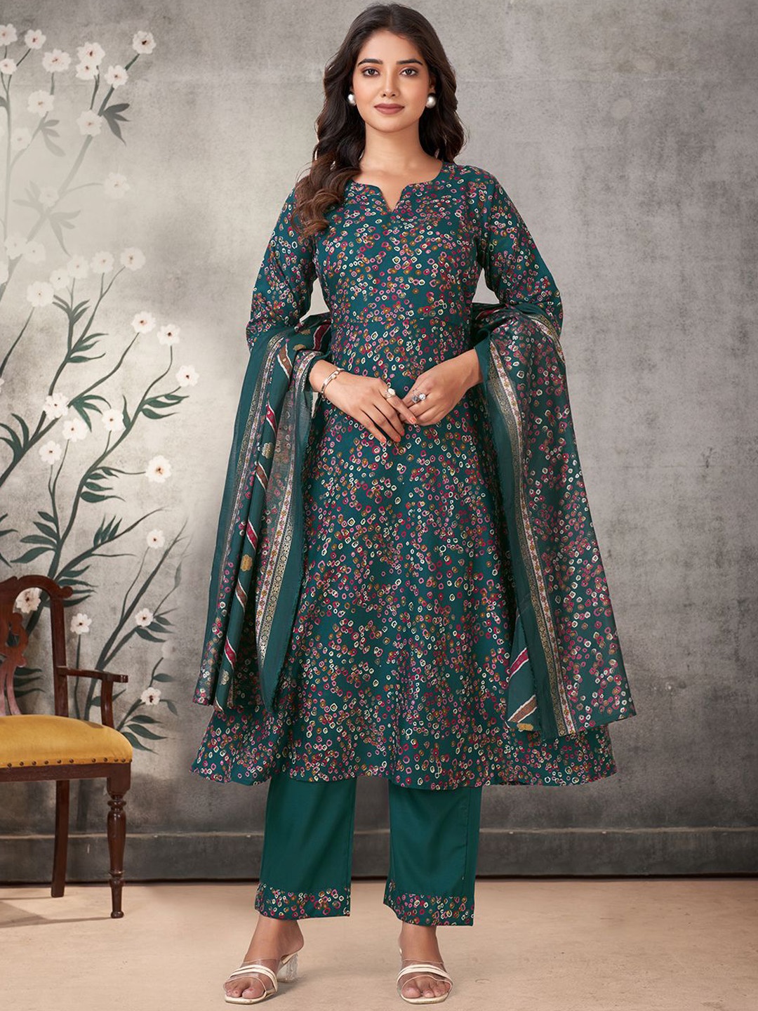 

KALINI Geometric Printed Notch Neck A Line Kurta with Palazzos & Dupatta, Green