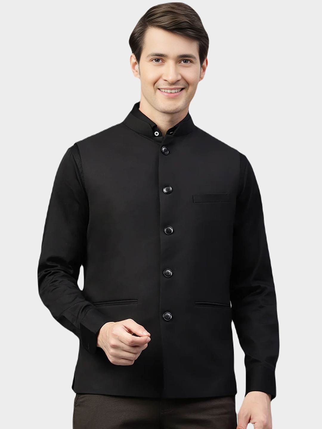 

BAESD Mandarin Collar Satin Nehru Jacket, Black