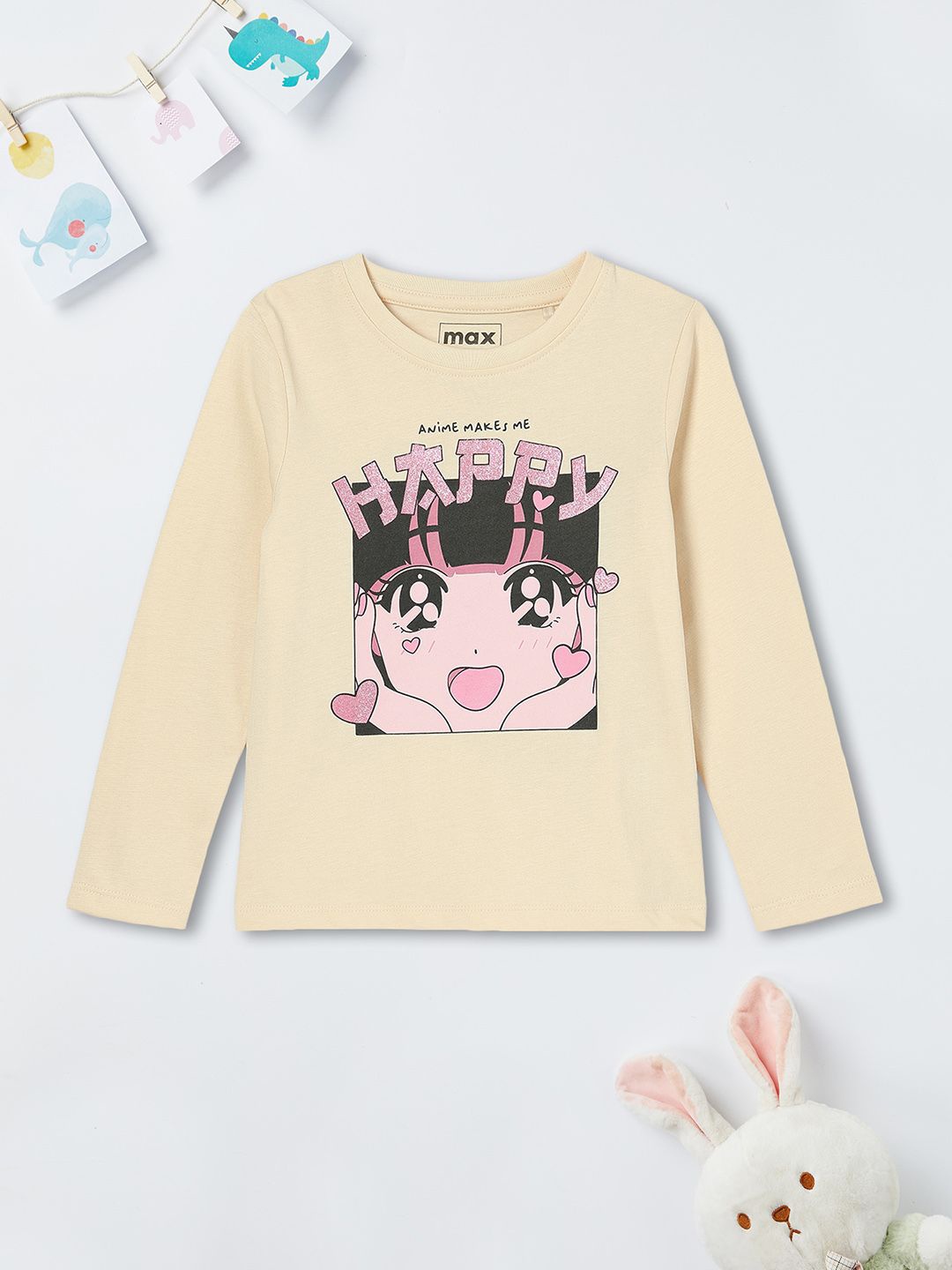 

max Girls Graphic Printed Round Neck Cotton T-shirt, Beige