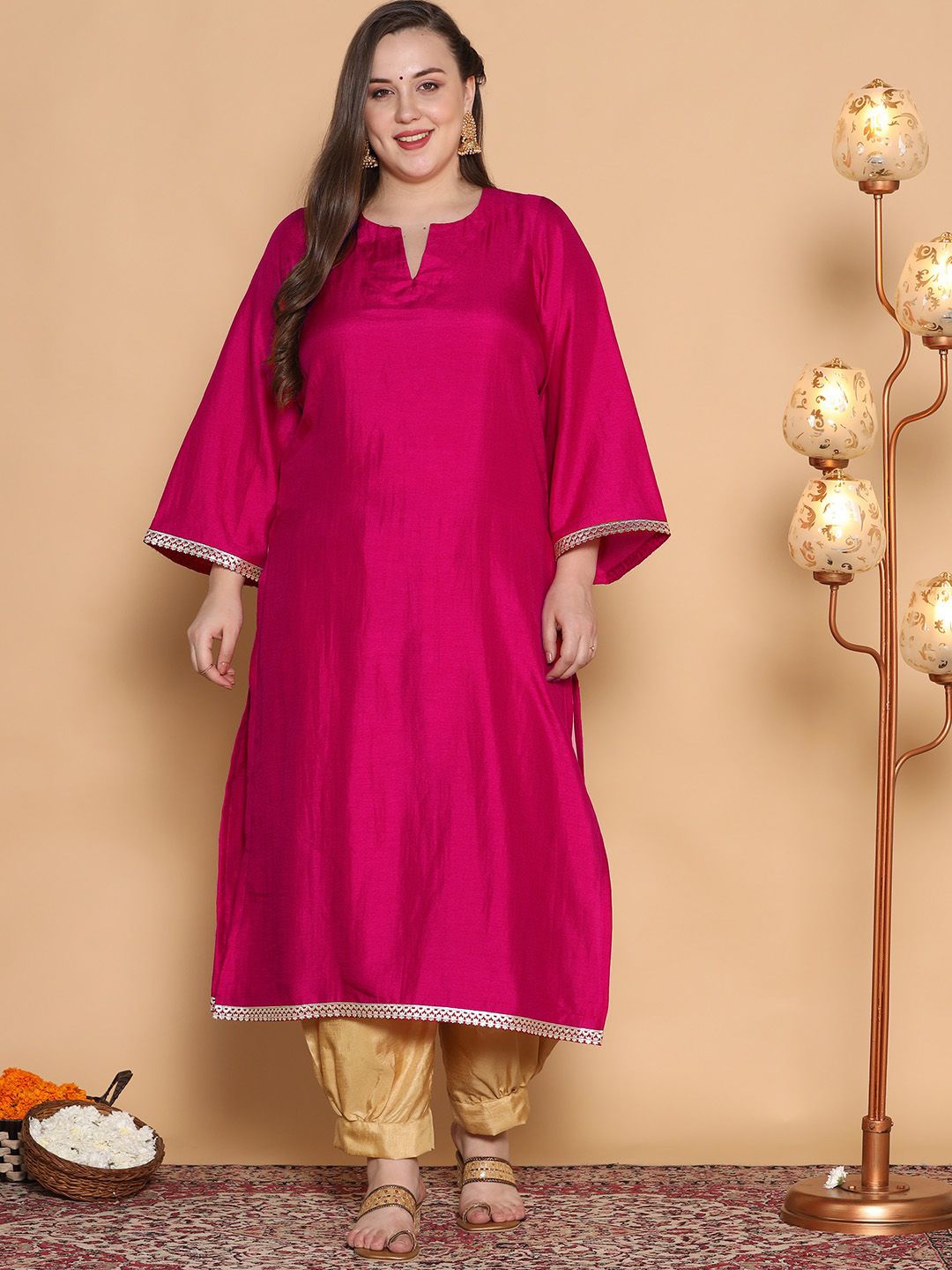 

LetsDressUp Bell Sleeves Silk Straight Kurta, Magenta