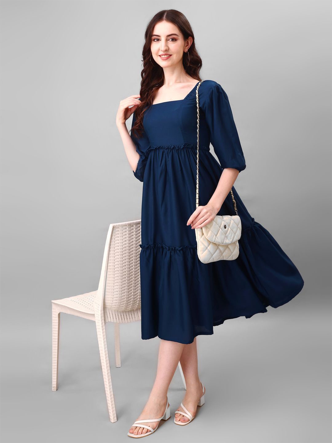 

Raiyani Enterprise Women Square Neck Puff Sleeves Fit & Flare Midi Dress, Blue