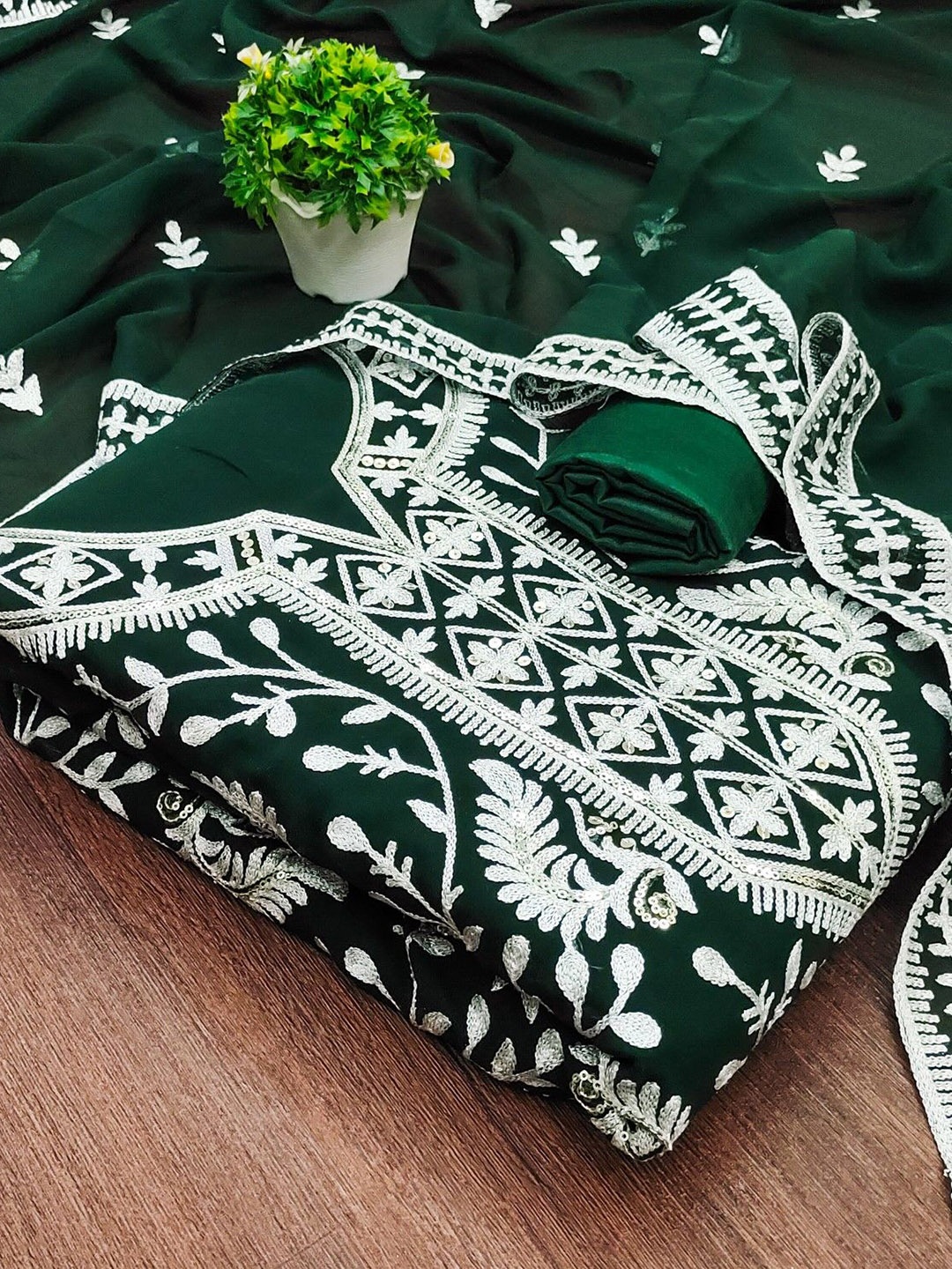 

KALINI Ethnic Motifs Embroidered Sequinned Unstitched Dress Material, Green