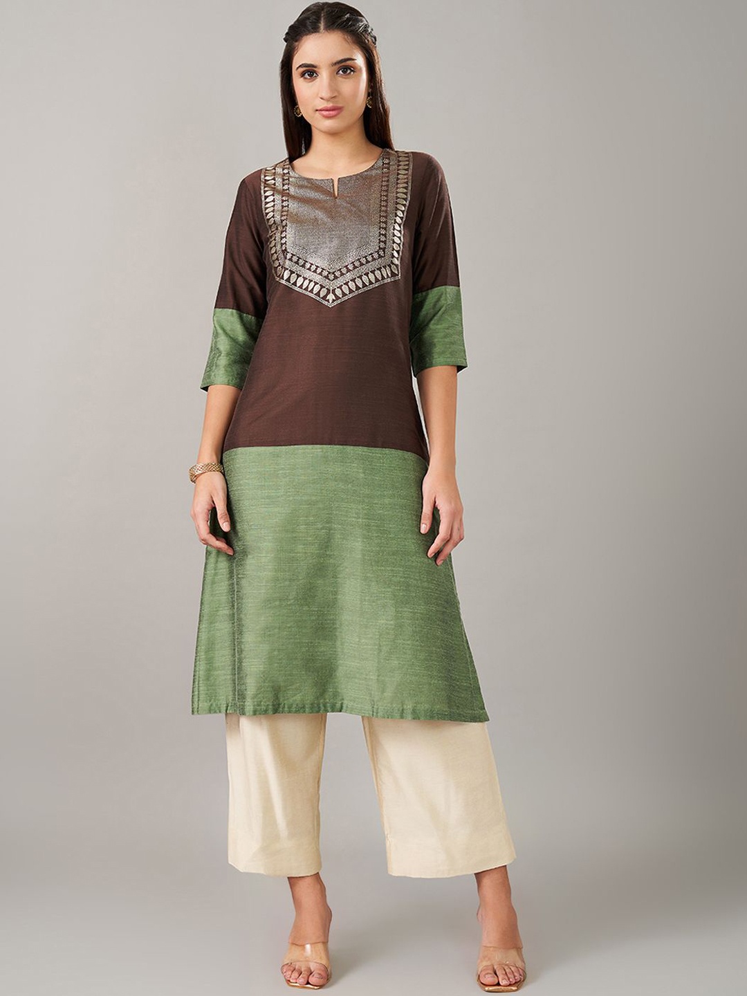 

RANGMANCH BY PANTALOONS Colourblocked A-Line Kurta, Brown