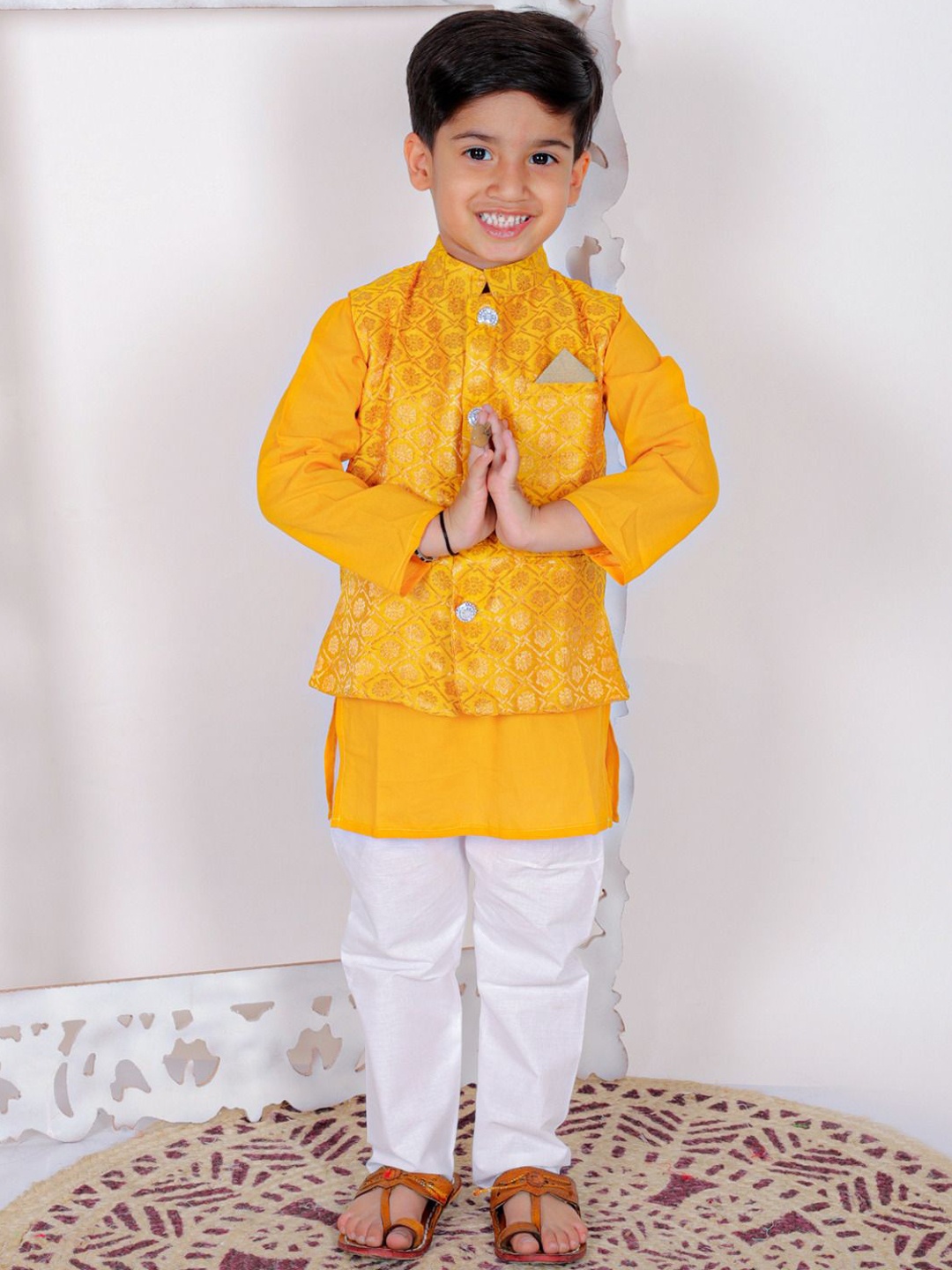 

Superminis Boys Mandarin Collar Regular Pure Cotton Kurta With Pyjama With Nehru jacket, Yellow