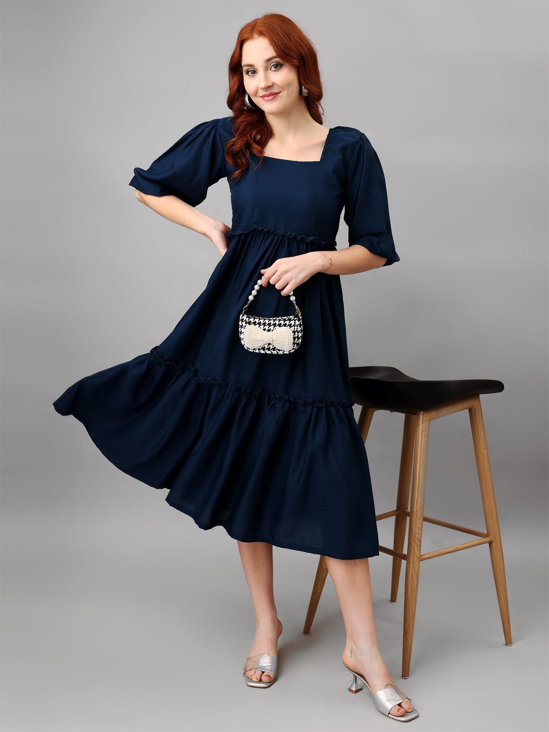 

Krunal Raiyani Women Square Neck Puff Sleeves Fit & Flare Midi Dress, Blue