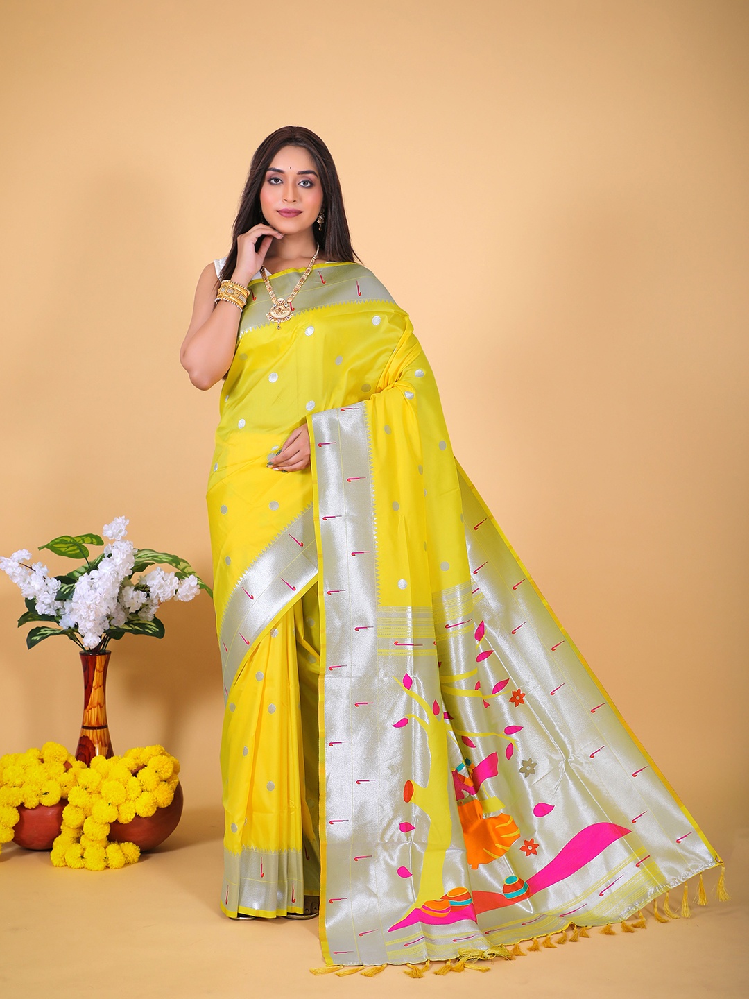 

HEER FASHION Woven Design Zari Paithani Saree, Yellow