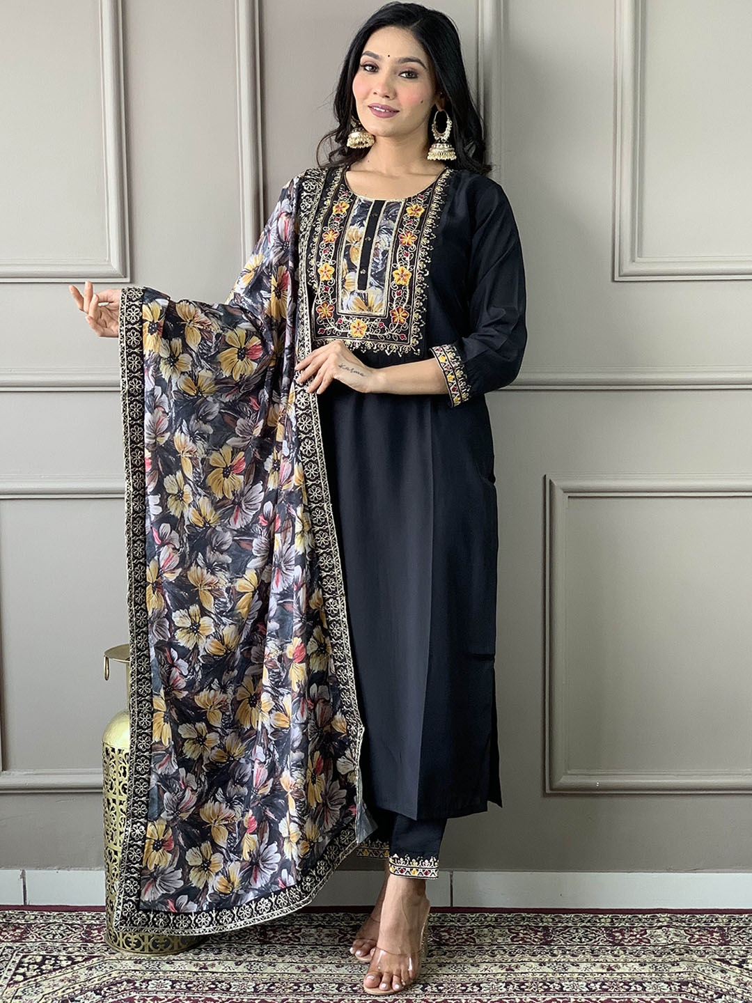 

KALINI Floral Embroidered Thread Work Straight Kurta With Trousers & Dupatta, Black